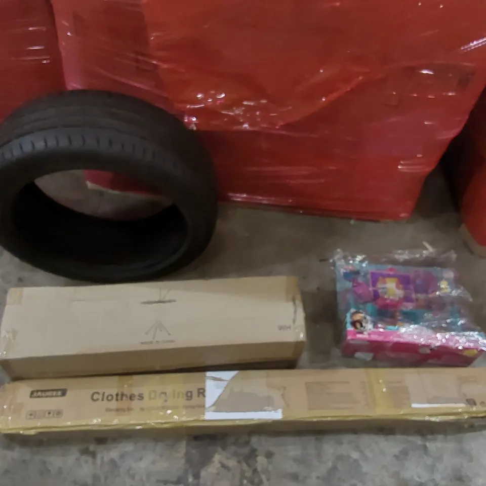 PALLET OF ASSORTED ITEMS TO INCLUDE: CAR TYRE, CLOTHES DRYING RACK, DOLL HOUSE ECT