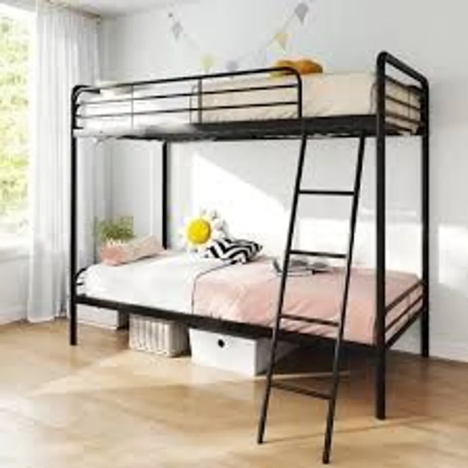 BOXED COSTWAY SINGLE BUNK BED WITH LADDER AND FULL-LENGTH GUARDRAILS FOR TEENS ADULTS-BLACK-SINGLE SIZE