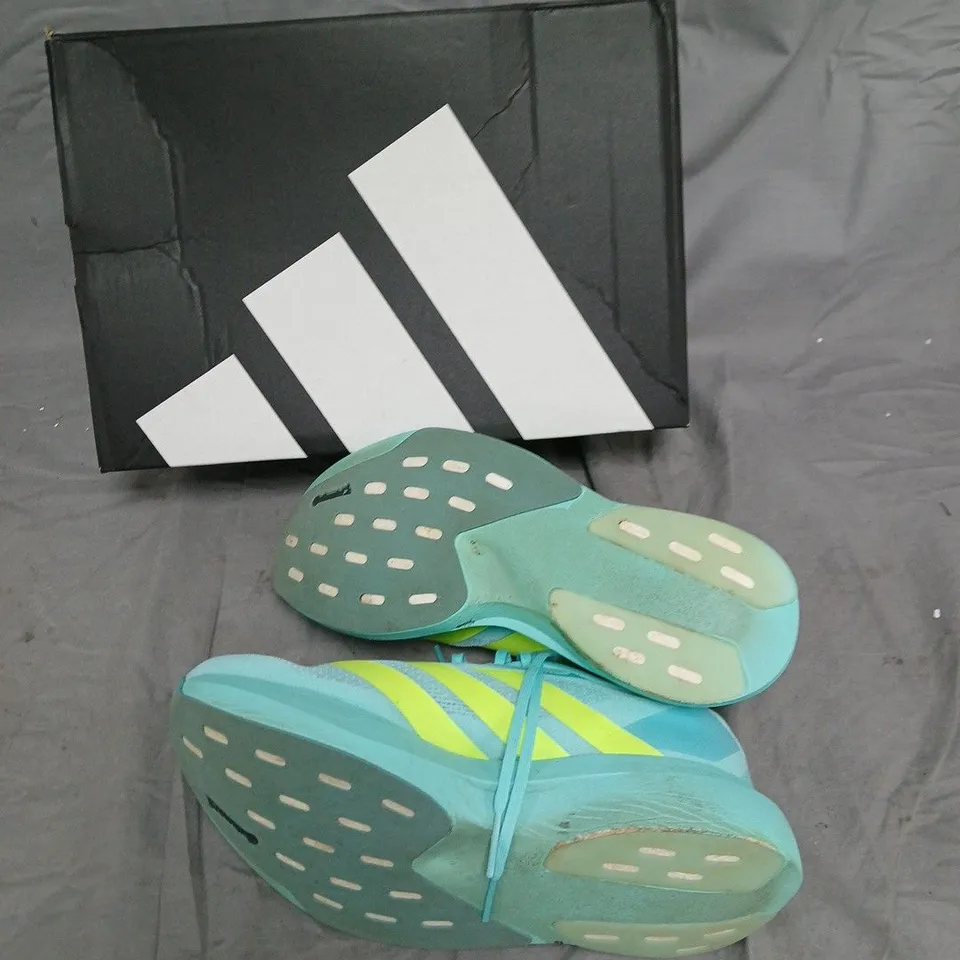 ADIDAS ADIZERO RUNNING SHOES – TURQUOISE WITH NEON YELLOW STRIPES SIZE 7.5