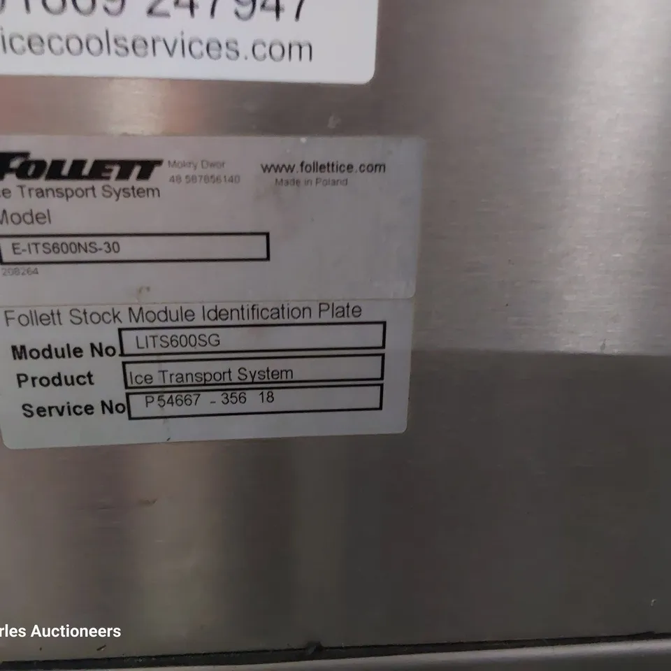 FOLLETT COMMERCIAL ICE MACHINE ON STAND WITH ICE TROLLEY 