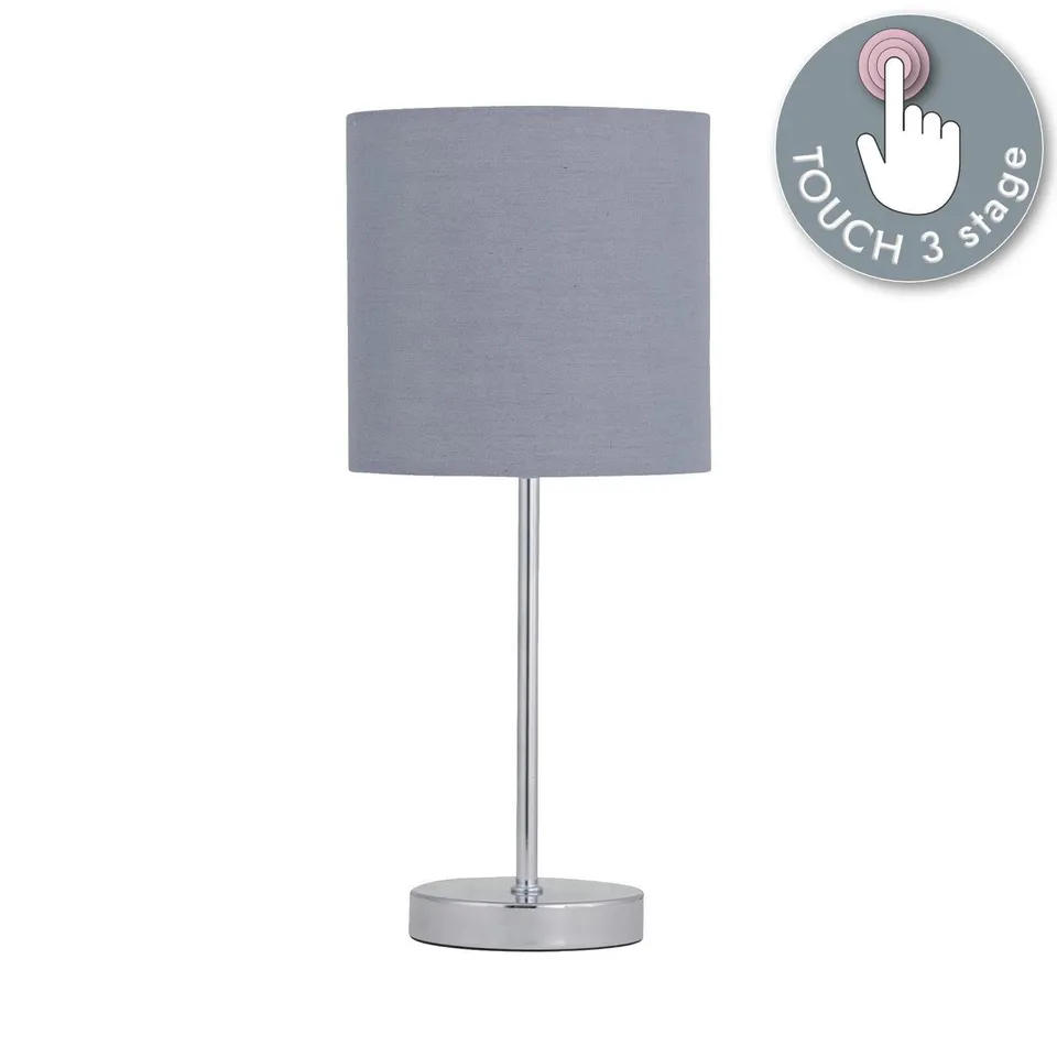 BOXED FIRST CHOICE LIGHTING  DECO TOUCH TABLE LAMP CHROME WITH GREY SHADE
