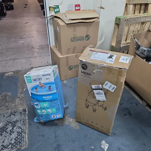 LOT: MY BABIIE MB30 PUSHCHAIR BOXED + BESTWAY FAST SET POOL + ASSORTED BOXES CAGE FULL OF RANDON HOUSEHOLD GOOD BROKEN AND MISSING PARTS