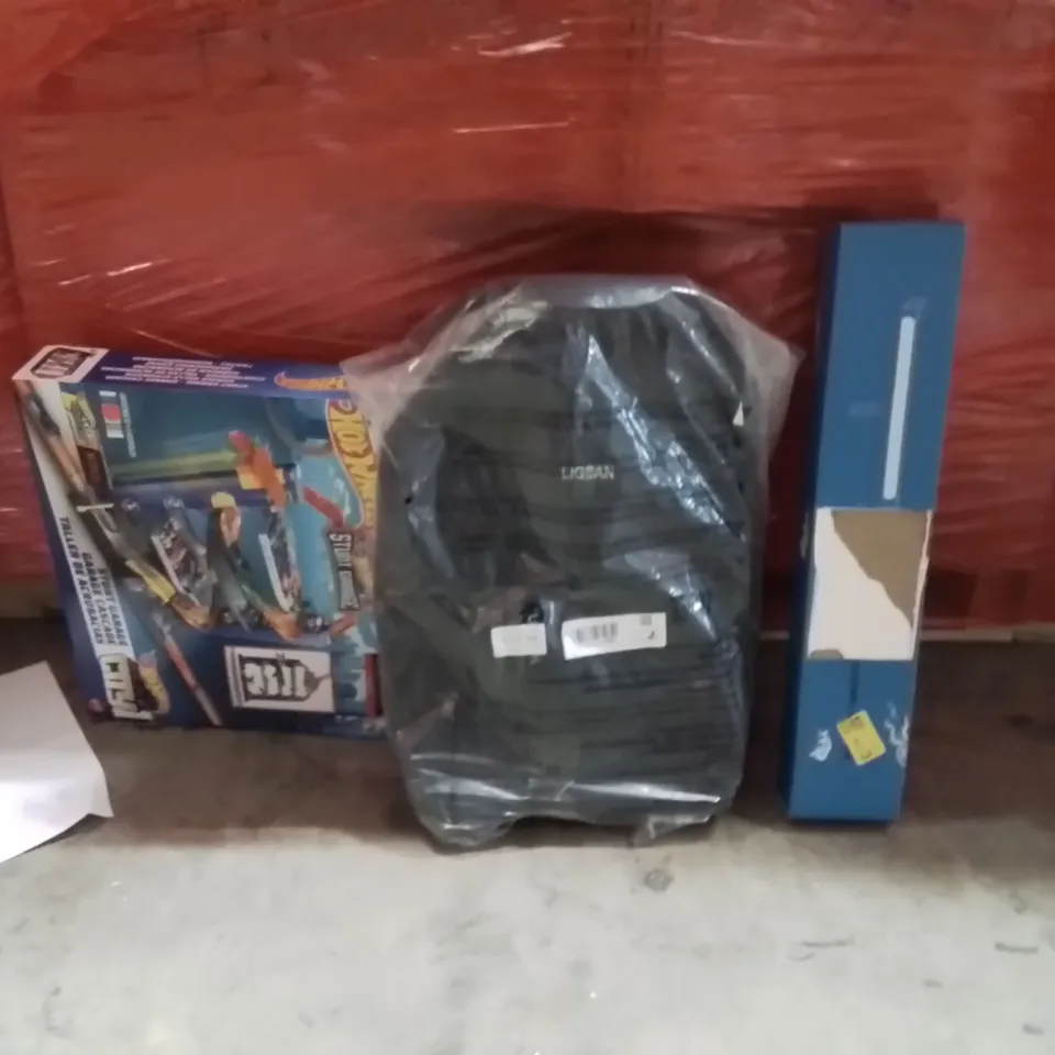 PALLET OF ASSORTED HOUSEHOLD GOODS AND PRODUCTS TO INCLUDE;SLIMLINE HEATER,HOTWHEELS,SUITCASE BAG