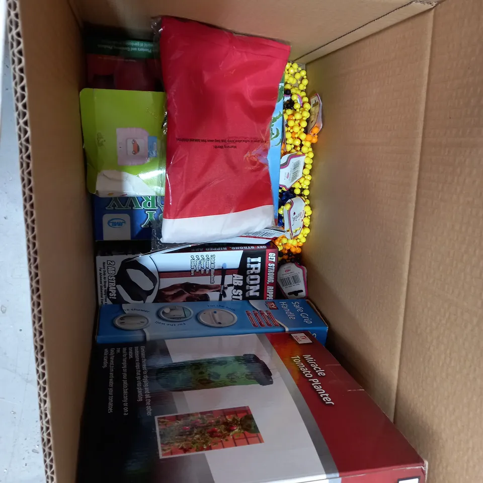 BOX OF ASSORTED ITEMS TO INCLUDE WALL GRIP, AB STRAPS, ENGLAND GLAG ETC