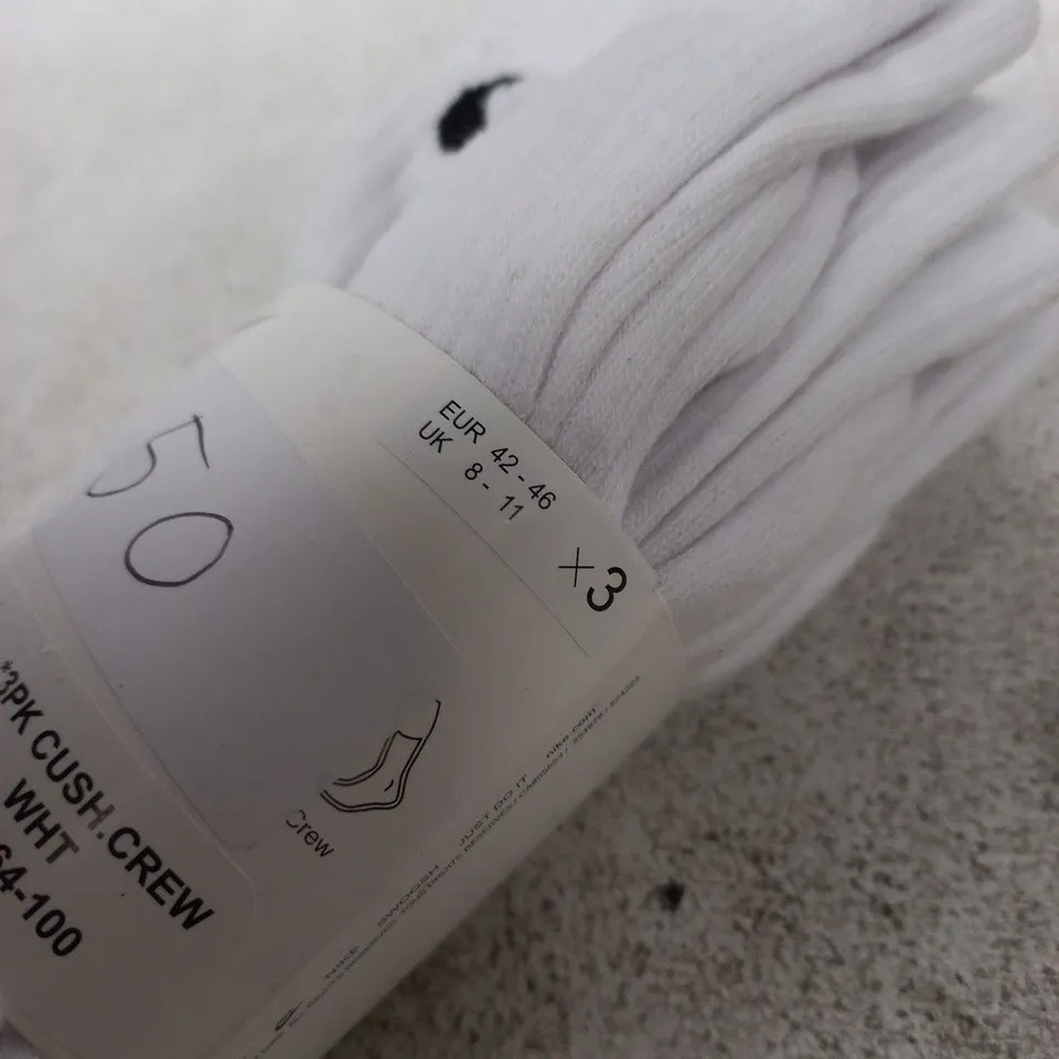 NIKE CUSHIONED CREW SOCKS – WHITE, 3 PACK, UK 8-11 (EU 42-46)