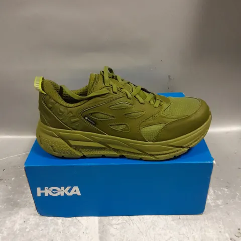 BOXED PAIR OF HOKA CLIFTON L GTX TRAINERS IN KHAKI GREEN SIZE 7.5