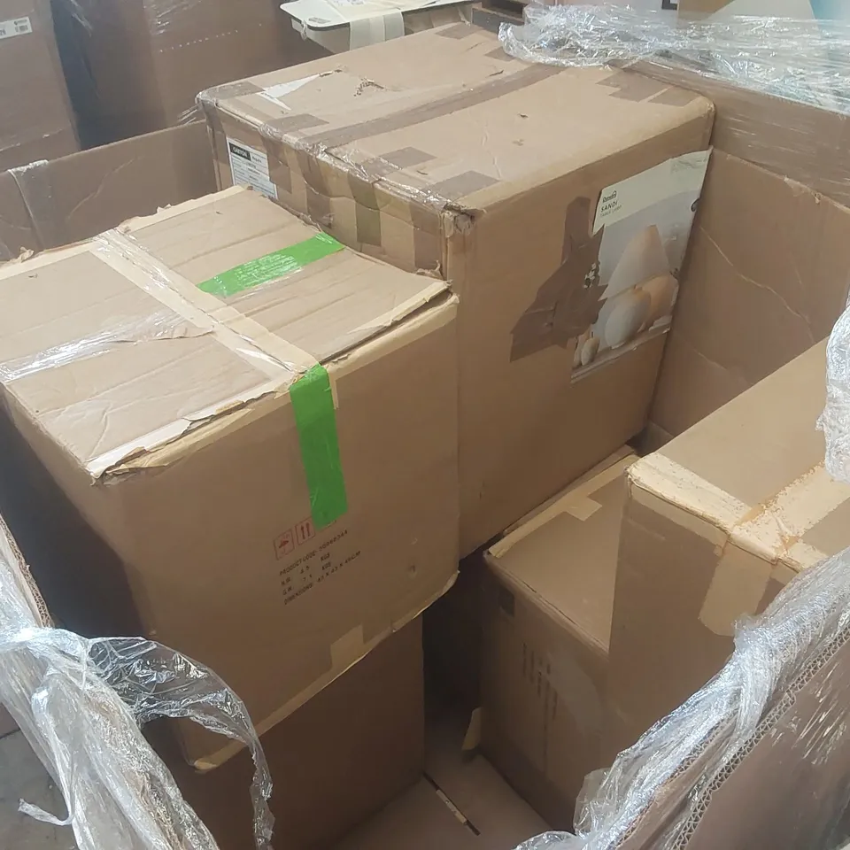 PALLET CONTAINING A VERY LARGE QUANTITY OF ASSORTED DESIGNER LIGHTING PRODUCTS INCLUDING: SANDI TABLE LAMPS, ELODIE CEILING CLUSTER, GEORGIE FLOOR LAMP ECT