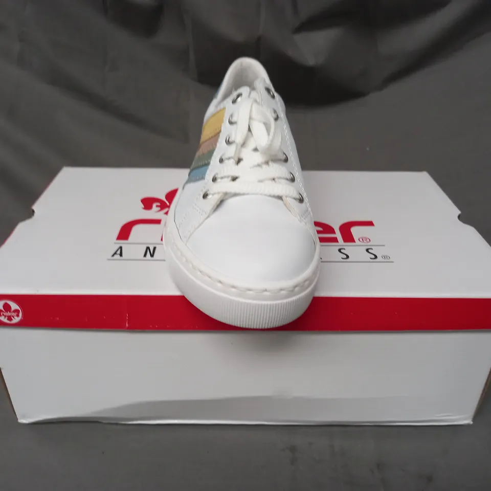 BOXED PAIR OF RIEKER TRAINERS IN WHITE/MULTI SIZE 6