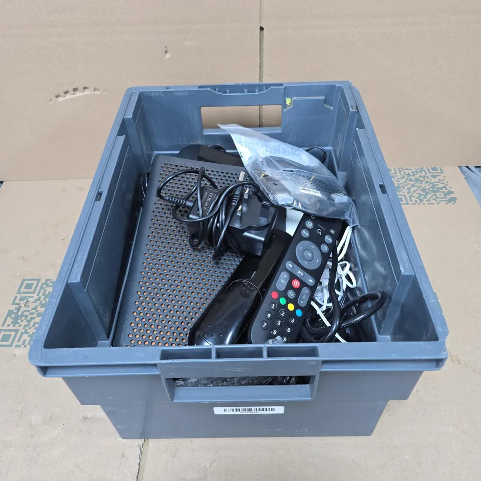 TOTE OF APPROXIMATELY 15 ASSORTED HOUSEHOLD ITEMS TO INCLUDE ROUTER, Q+ TV BOX, REMOTE CONTROLS, POWER SUPPLIES ETC