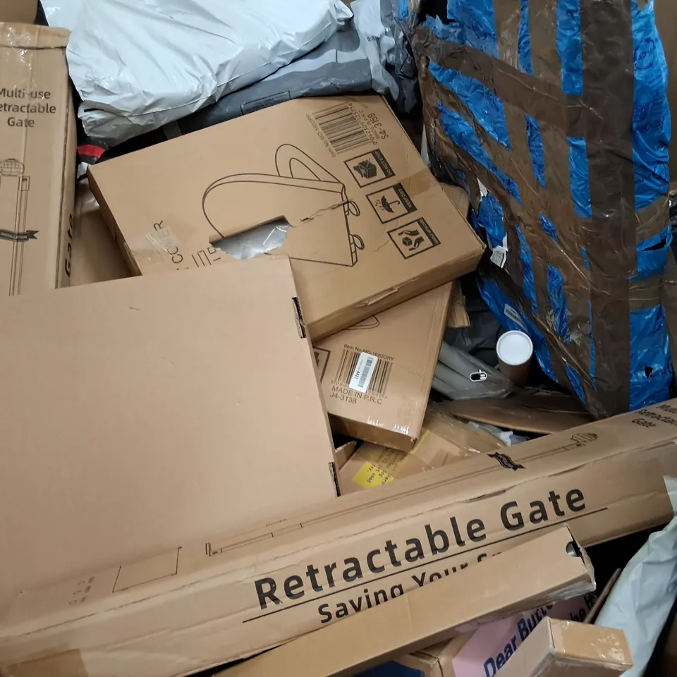 PALLET OF ASSORTED HOUSEHOLD ITEMS TO INCLUDE SAFETY PEN, POLE DEFENDER AND CEILING FAN