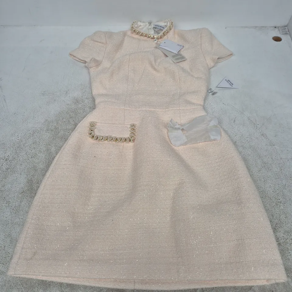 NADINE MERABI WOMEN'S DRESS, PALE PINK WITH PEARL EMBELLISHMENT, UK 6