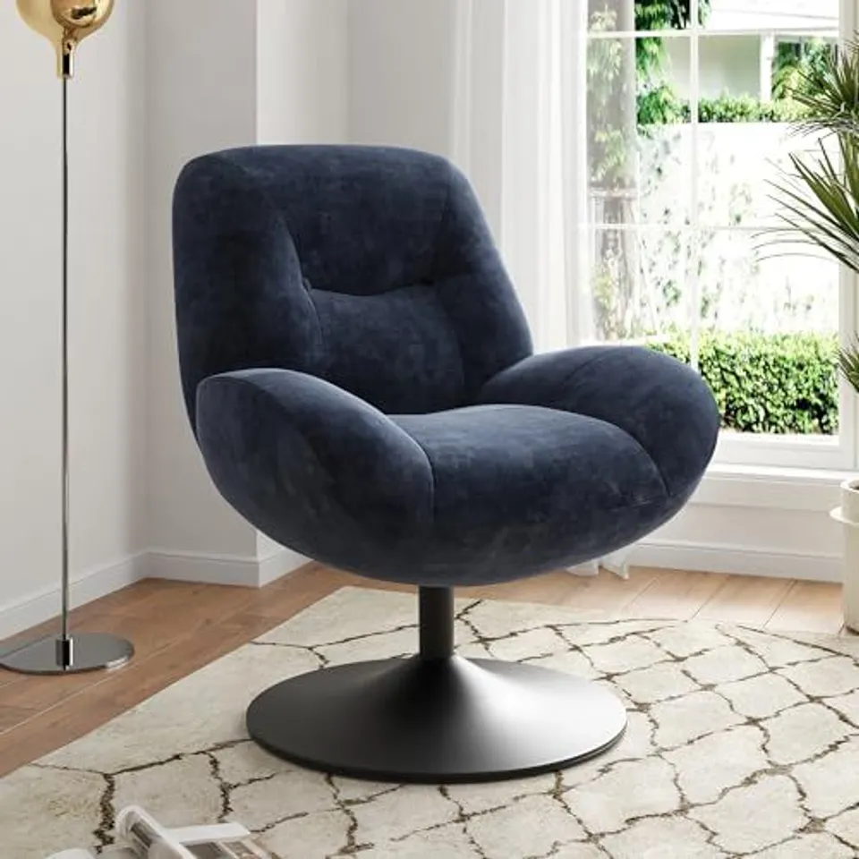 BOXED FARINI UPHOLSTERED SWIVEL ARMCHAIR WITH THICK SEAT CUSHION - DARK BLUE