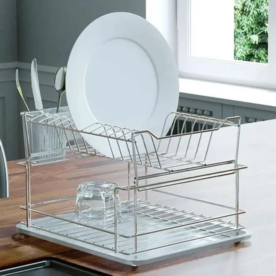 BOXED 2-TIER CHROME DISH AND CUTLERY DRAINER 