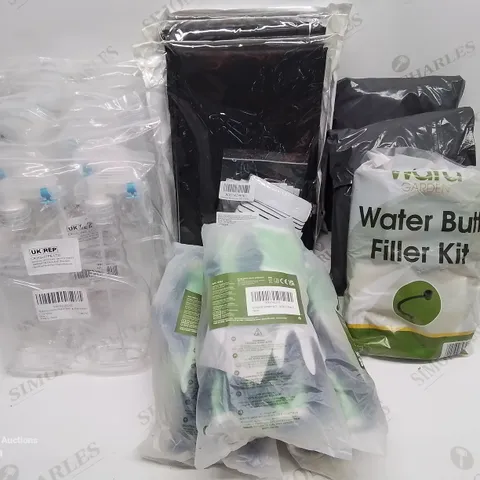 LOT OF 15 ASSORTED BRAND NEW HOMEWARE ITEMS TO INCLUDE WATER BUTT FILLER KITS, GARDENING GLOVES, PORTABLE BLACKOUT SCREENS AND SPRAY BOTTLE PAIRS