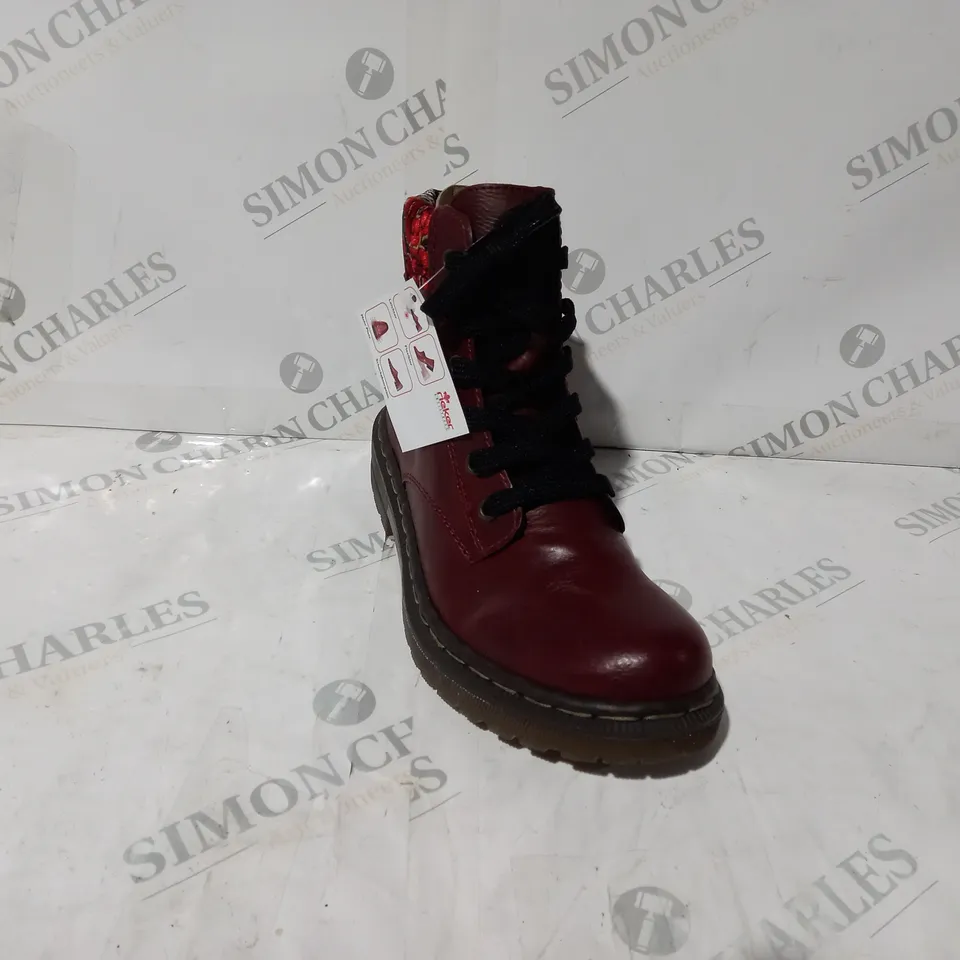 BOXED PAIR OF RIEKER LACE UP BOOTS WITH INTEREST COLLAR IN RED UK SIZE 5