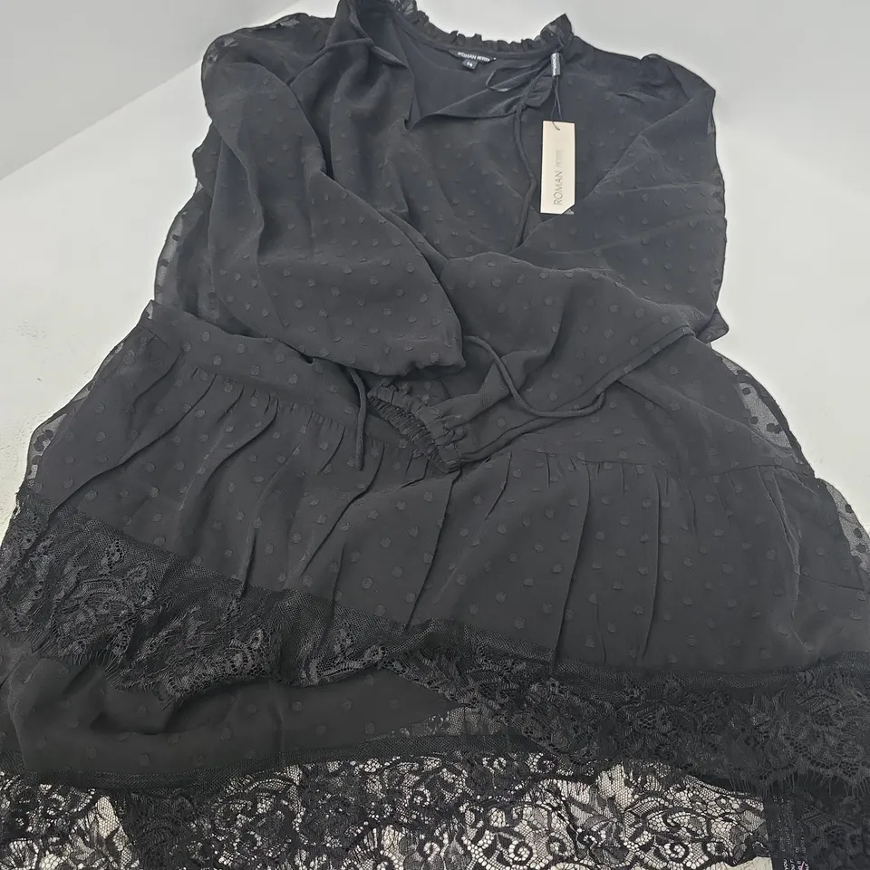 ROMAN PETITE BLACK LACE FRILL TIE DRESS UK 14