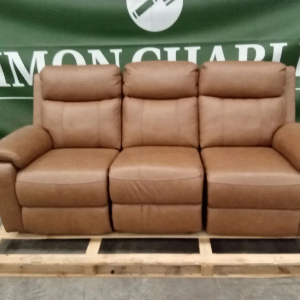 QUALITY DESIGNER 3 SEATER POWER RECLINING TAN LEATHER SOFA