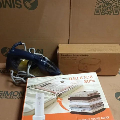 APPROXIMATELY 10 ASSORTED ELECTRICAL ITEMS TO INCLUDE IRON, BATTERY BACK-UP, AIR PUMP ETC
