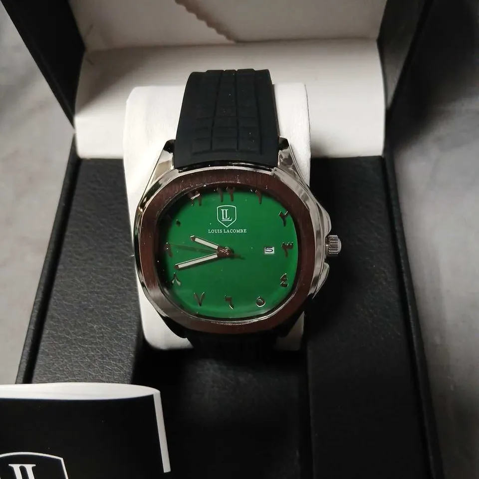 LOUIS LACOMBE WRISTWATCH WITH GREEN DIAL, BLACK RUBBER STRAP – BOXED