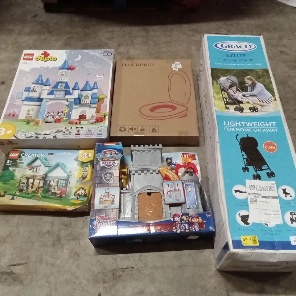 PALLET OF ASSORTED HOUSEHOLD GOODS AND PRODUCTS TO INCLUDE; TOYS, TOILET SEATS, PRAM ETC