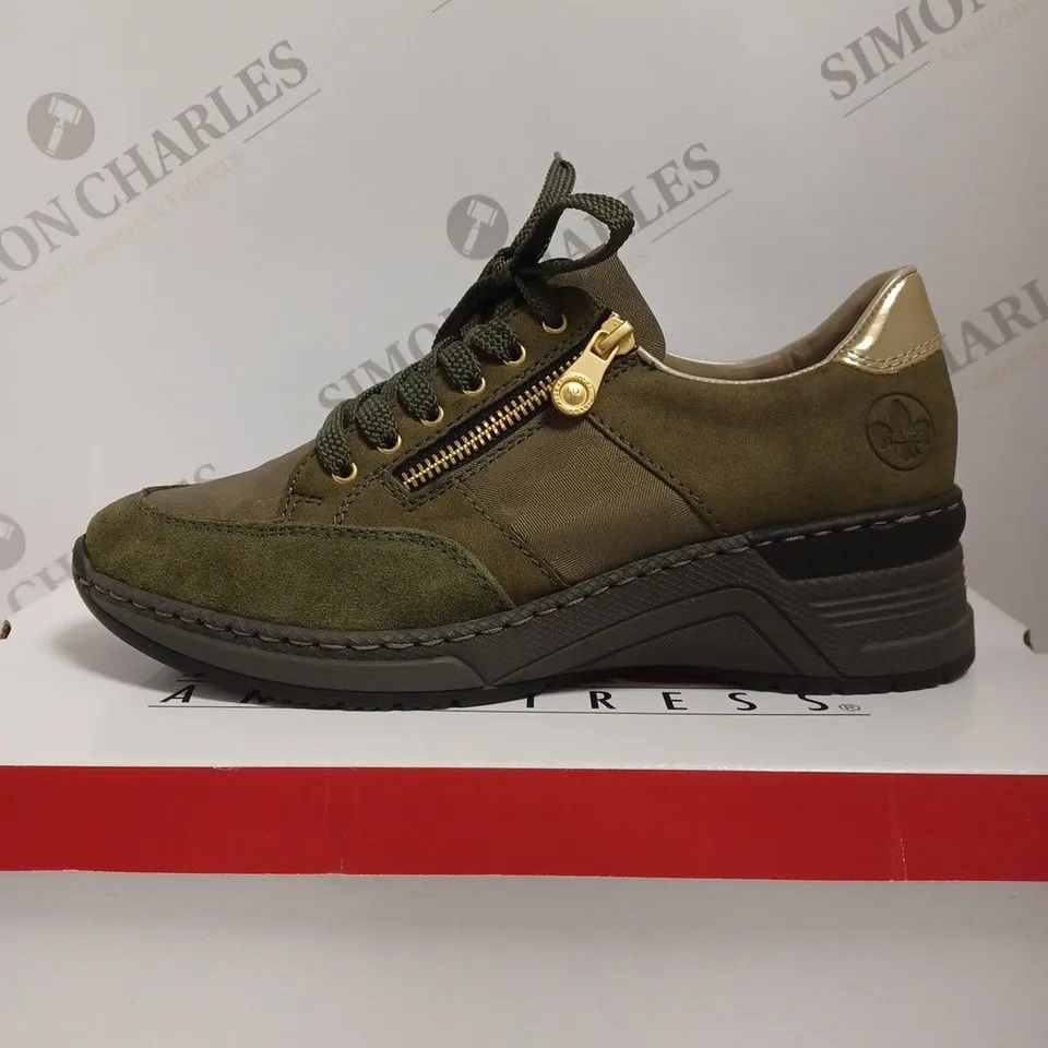 BOXED RIEKER WEDGE TRAINERS, KHAKI - SIZE 6.6