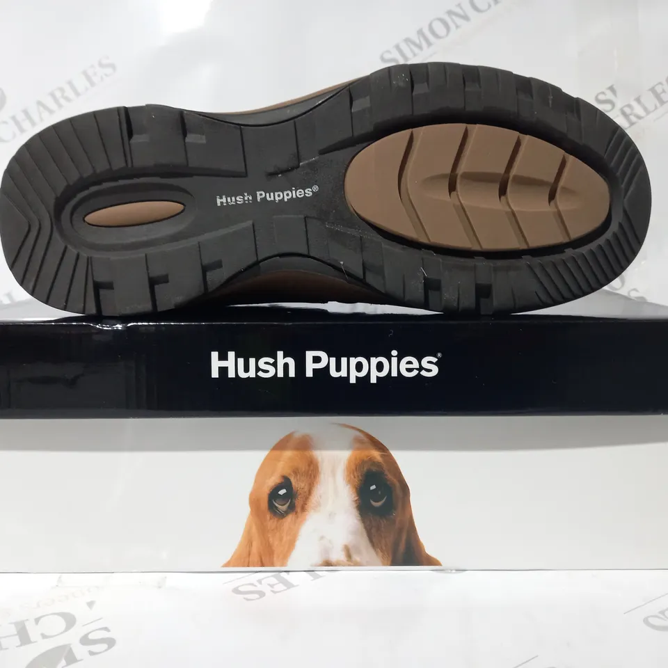 BOXED PAIR OF HUSH PUPPIES JASPER SHOES IN BROWN UK SIZE 8