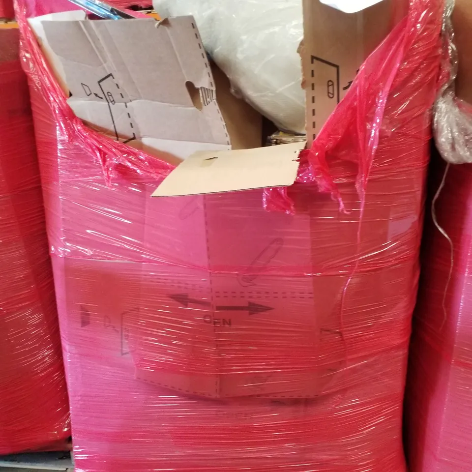 PALLET CONTAINING ASSORTED PRODUCTS INCLUDING DUAL ZONE AIR FRYER, VINYL FLOORING CUTTER, WRAPPED CANVAS PRINTS, ROLLER BLIND & CHEST OF DRAWERS 