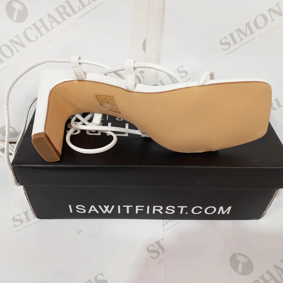 BOXED PAIR OF I WAS IT FIRST WHITE HIGH HEELS SIZE 5
