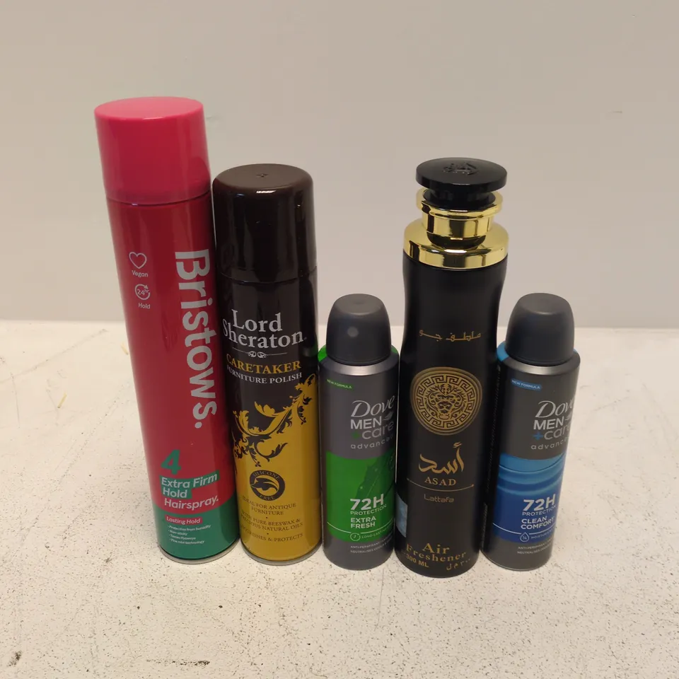 APPROXIMATELY 15 ASSORTED AEROSOLS TO INCLUDE BRISTOWS HAIRSPRAY, LORD SHERATON FURNITURE POLISH, DOVE MEN CARE, ETC - COLLECTION ONLY