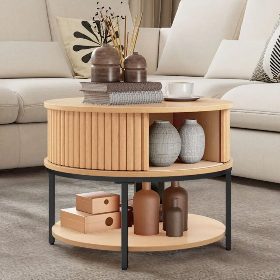 BOXED ROUND COFFEE TABLE WITH 2-TIER STORAGE, FLUTTER COFFEE TABLE (1 BOX)