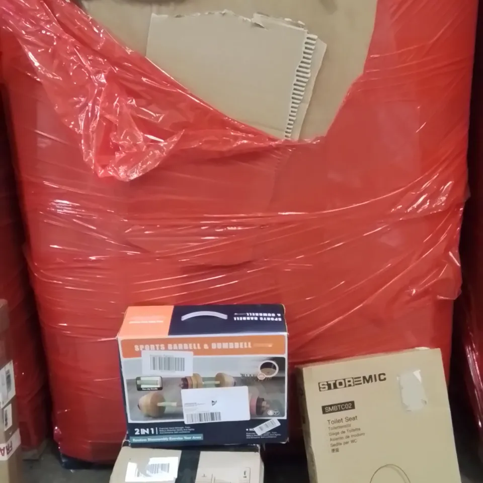 PALLET OF ASSORTED HOUSEHOLD GOODS AND PRODUCTS TO INCLUDE;TOILET SEAT,DOUGH MIXER,DUMBBELL