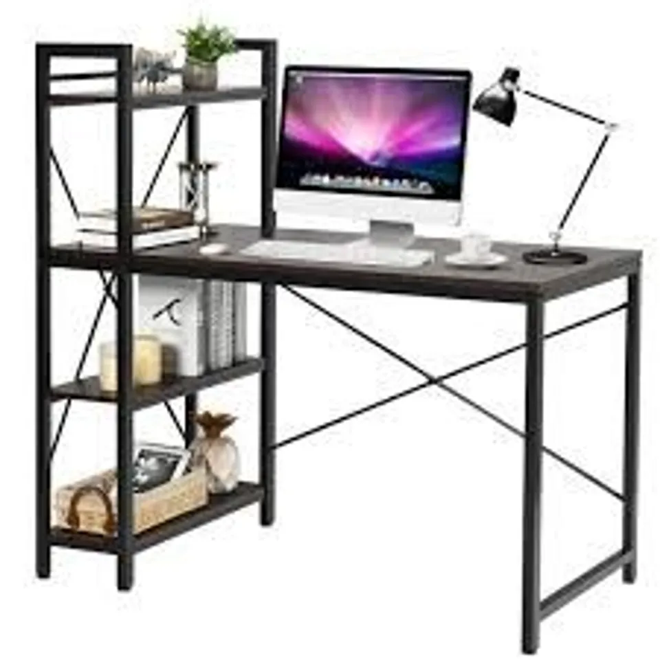 BOXED COSTWAY WOODEN COMPUTER DESK WRITING TABLE WITH 4-TIER REVERSIBLE BOOKSHELF