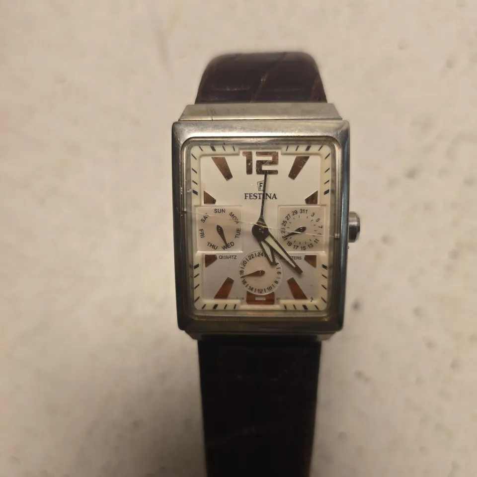 FESTINA QUARTZ WRISTWATCH – RECTANGULAR STEEL CASE, BROWN LEATHER STRAP
