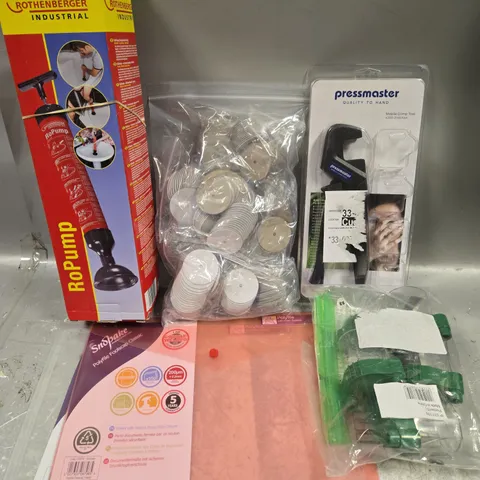 APPROX 12 ASSORTED HOUSEHOLD ITEMS TO INCLUDE MOBILE CRIMP TOOL, POLYFILE, ROPUMP, ETC 