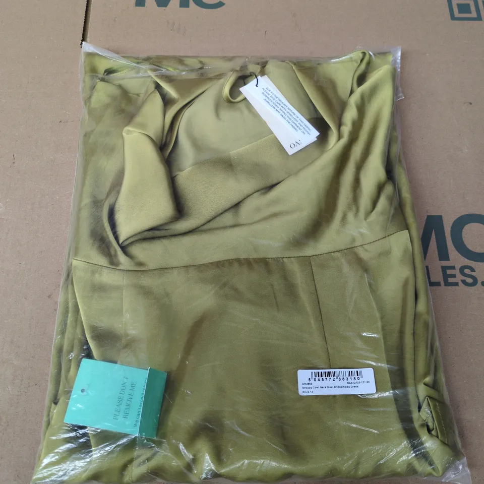 BAGGED OASIS STRAPPY COWL NECK MAXI BRIDESMAID DRESS IN OLIVE - SIZE 12