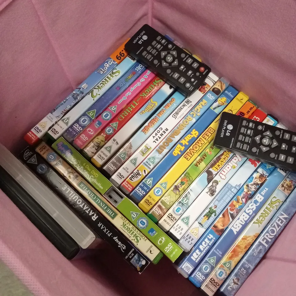 BOX TO CONTAIN A LARGE NUMBER OF ANIMATED & KIDS FILMS, INCLUDING DVD PLAYERS
