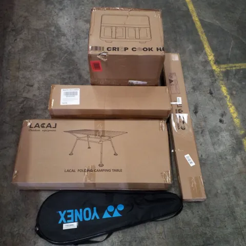 PALLET CONTAINING ASSORTED PRODUCTS INCLUDING DUAL ZONE AIR FRYER, ACRYLIC BATHROOM SHELVES, FOLDING CAMPING TABLE, PLEATED FABRIC BLIND & BADMINTON RACKETS