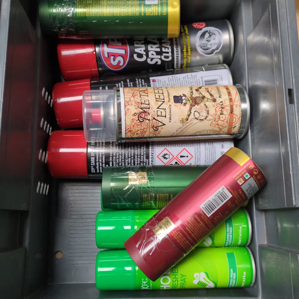 APPROXIMATELY 15 ASSORTED AEROSOLS TO INCLUDE SHOE REFRESHER SPRAY, BRAKE CALIPER PAINT AND TUSKBOND FABRIC CLEANER