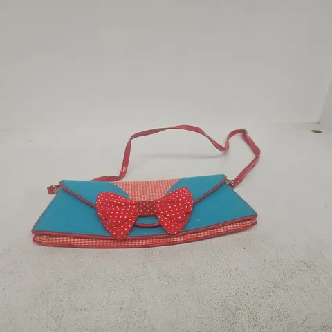 IRREGULAR CHOICE TURQUOISE HANDBAG WITH RED BOW AND PLAID LINING 