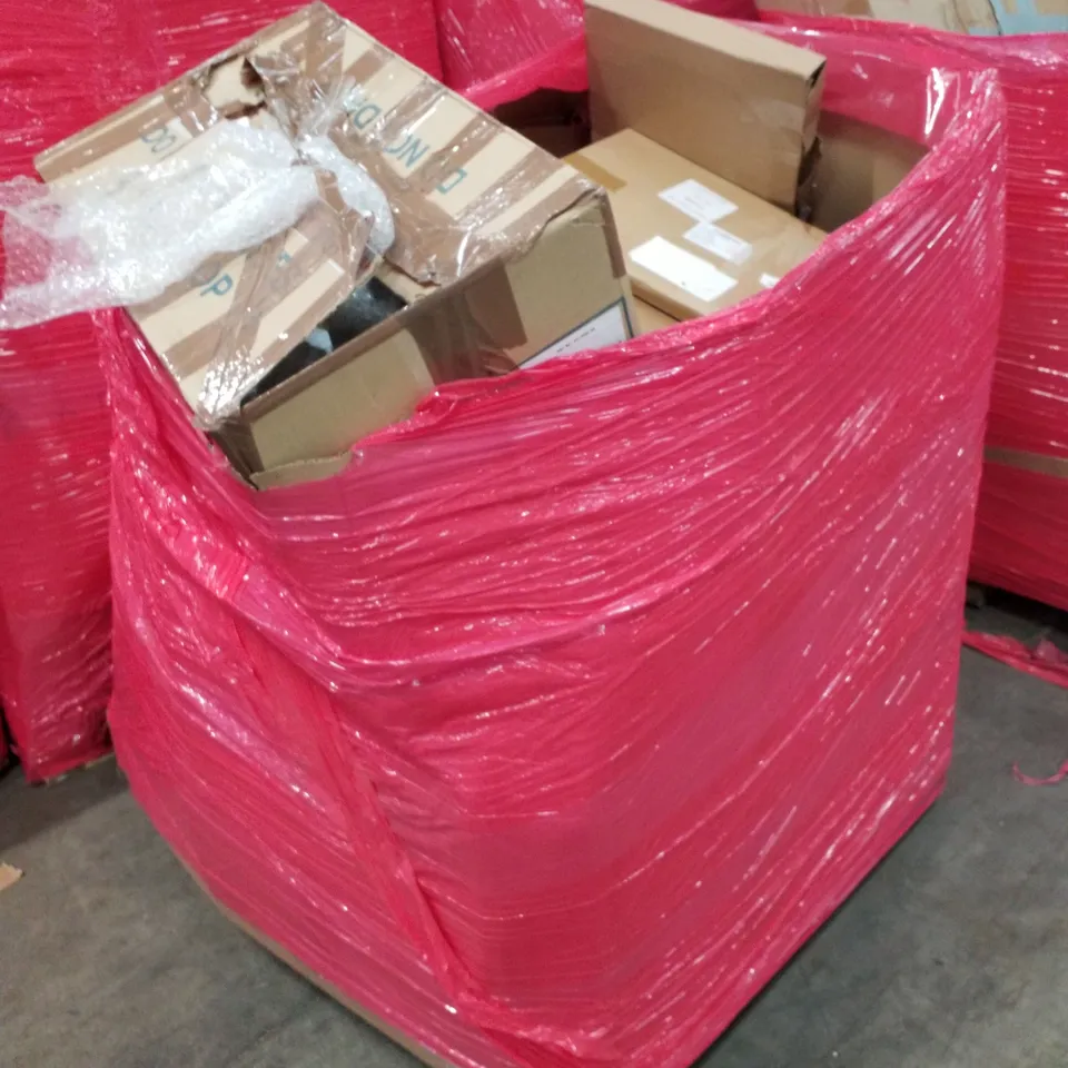 PALLET OF ASSORTED PRODUCTS INCLUDING MULTI-USE RETRACTABLE GATE, TOILET SEAT, TRIPOD EASEL, PLAYPEN, MICROWAVE DISH 