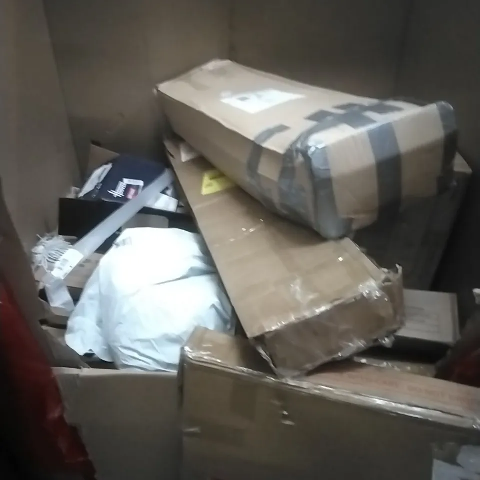 PALLET OF ASSORTED HOUSEHOLD GOODS AND PRODUCTS TO INCLUDE; LED BATHROOM MIRROR, CEILING FAN, HOOVER, BOXED FURNITURE ETC