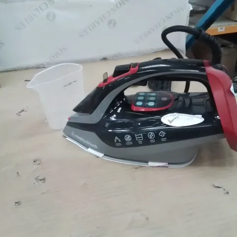 BOXED MORPHY RICHARDS POWERSTEAM ELITE LED STEAM IRON, NON STICK CERAMIC SOLEPLATE, 35G OUTPUT, VERTICAL OPTION, SELF CLEAN, ANTI DRIP, DIGITAL CONTROLS, 3M CORD, 3000W, GREY, BLACK AND RED, 302012 MO