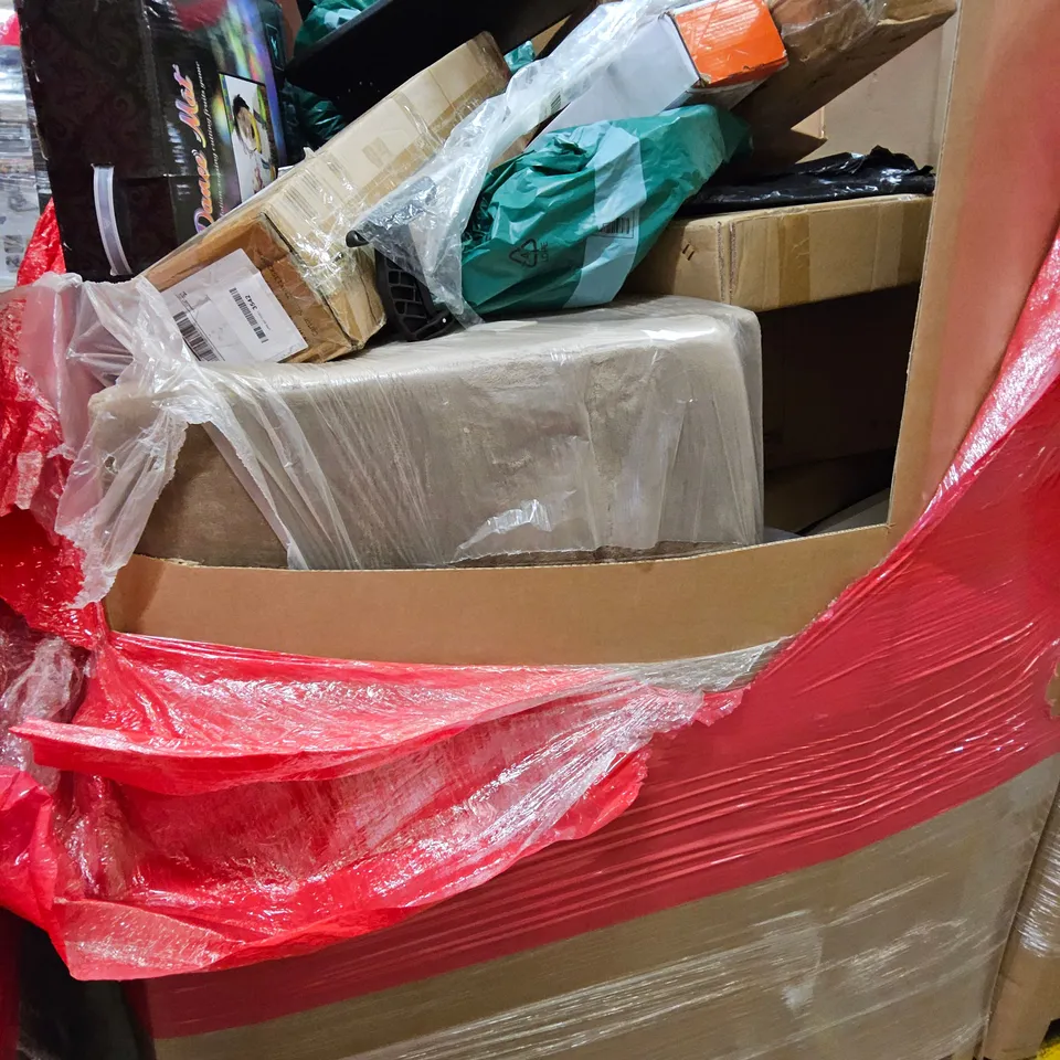 PALLET OF ASSORTED ITEMS TO INCLUDE, RETRACTABLE GATE, CAMERA DANCE MAT, TRAY TABLE, WOK, PET BACKPAC.