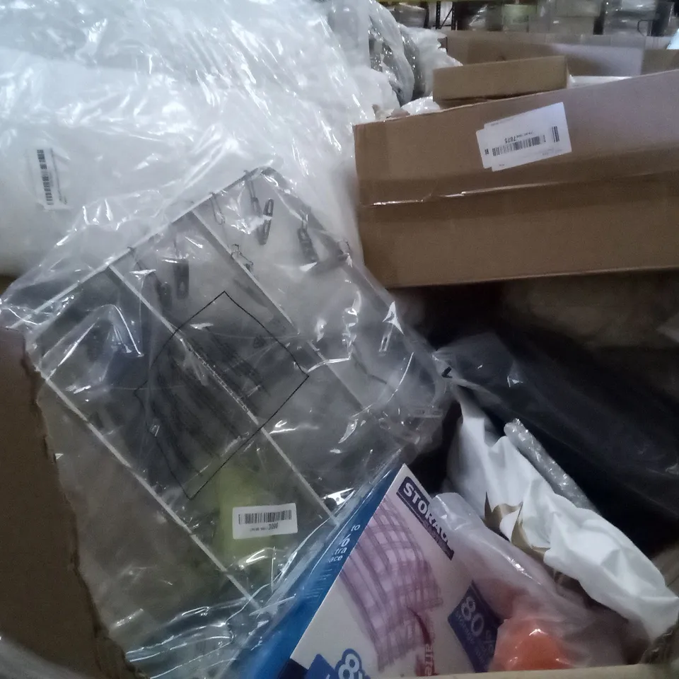 PALLET OF ASSORTED ITEMS INCLUDING HOMOZE EXPANDING HOSE, DELUXE DOUBLE AIRBED, HANDHELD GARMENT STEAMER, SECURITY CAMERA, ANGLE GRINDER, SHOWER DRAIN CAP HAIR TRAP