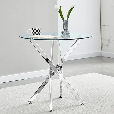 BRAND NEW BOXED TANIA ROUND 80cm CLEAR GLASS DINING TABLE WITH CHROME LEGS (2 BOXES)