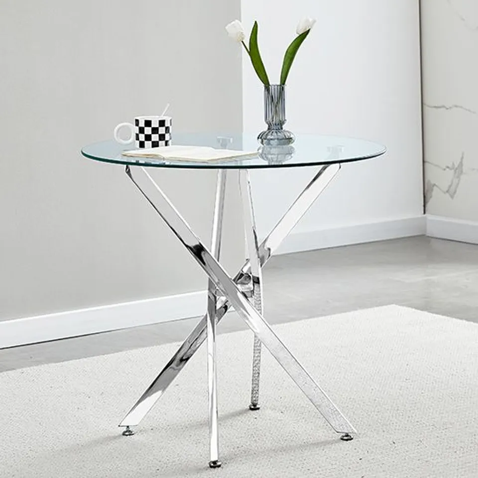 BRAND NEW BOXED TANIA ROUND 80cm CLEAR GLASS DINING TABLE WITH CHROME LEGS (2 BOXES)