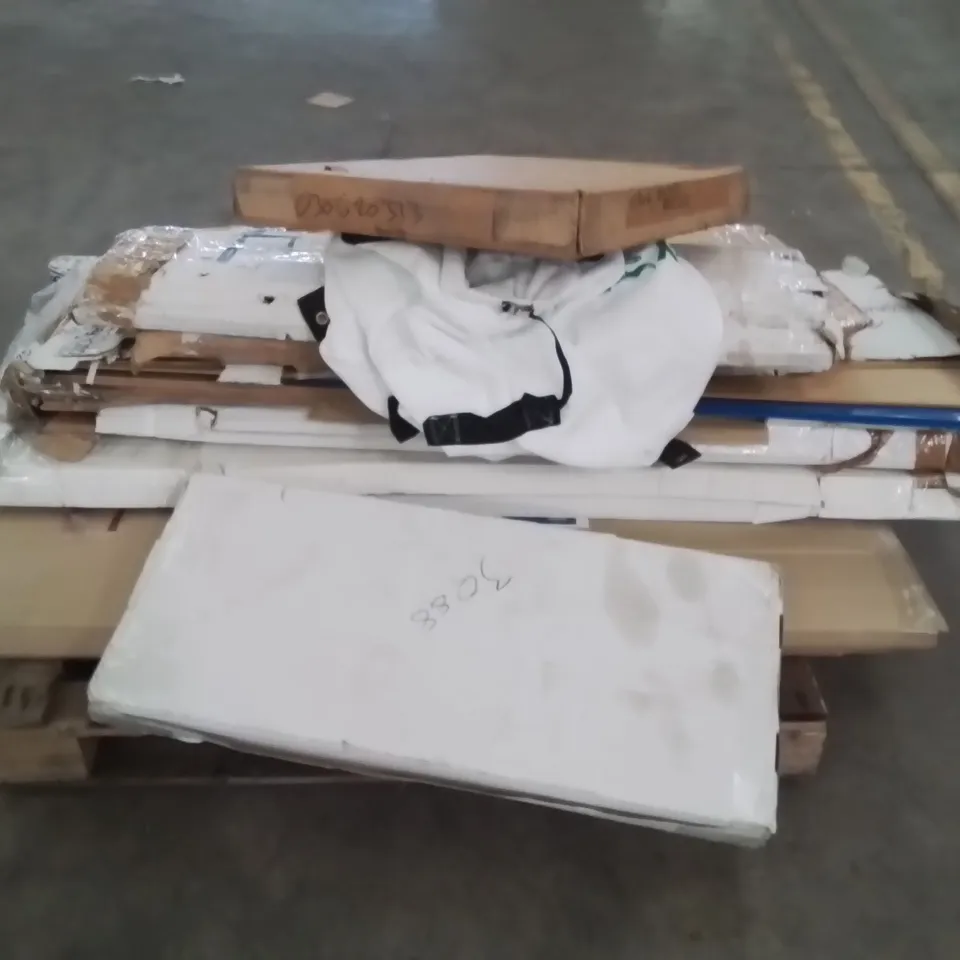 PALLET OF ASSORTED ITEMS TO INCLUDE;WORK BENCH,RACKING,TOOL BAG