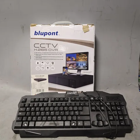 BOX OF APPROXIMATELY 12 ASSORTED ITEMS TO INCLUDE - BLUPONT CCTV H.265 DVR , COMPOINT KEYBOARD ETC