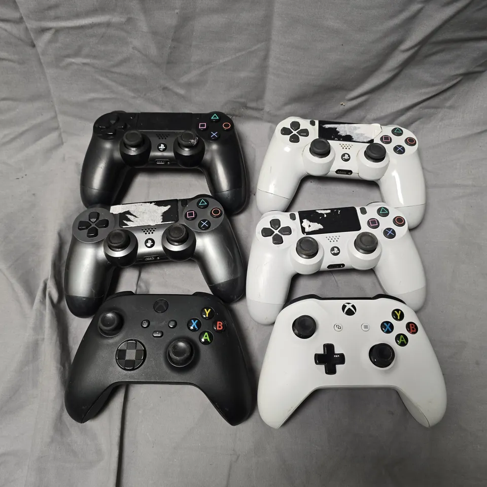 SIX GAME CONTROLLERS: 4X PLAYSTATION 4 DUALSHOCK 4 AND 2X XBOX WIRELESS CONTROLLERS (ASSORTED COLORS)
