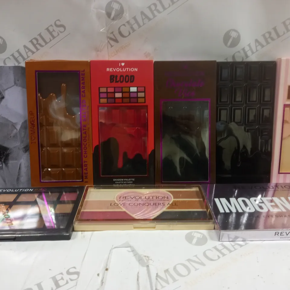 BOX OF APPROX 8 ASSORTED REVOLUTION MAKEUP PALETTES TO INCLUDE EYESHADOW, HIGHLIGHTER